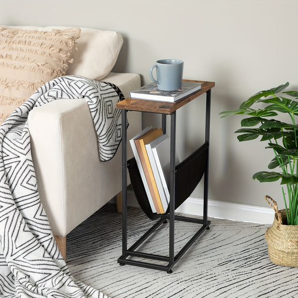 Narrow Side Table, Slim Bedside Table, Industrial Sofa Table with Magazine Organizer, Space Saver, Suitable for Living Room, Bedroom, Vintage Brown And Black