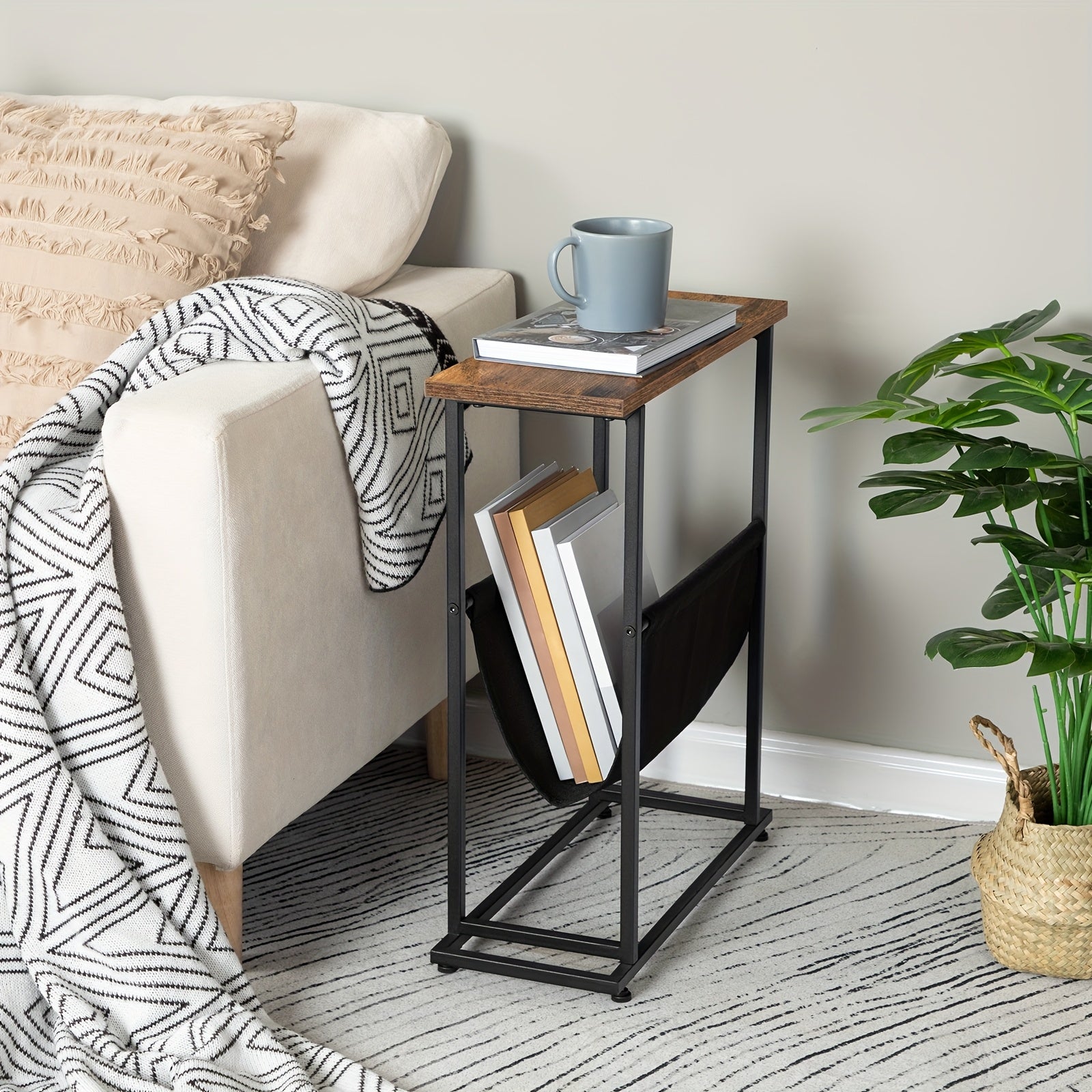 Narrow Side Table, Slim Bedside Table, Industrial Sofa Table with Magazine Organizer, Space Saver, Suitable for Living Room, Bedroom, Vintage Brown And Black