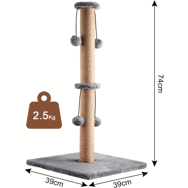 Cat Scratching Post 74cm Foldable Bottom Tall Cat Claw Scratcher with 4 Toy Ball Natural Sisal Scratch Pole and Soft Carpet Covered Heavy Base Modern Stable Design for Cats Gray