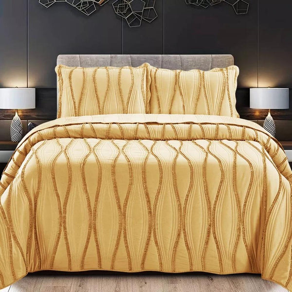 Luxury 3-Piece Embossed Quilted Bedspread Set – Super Soft All-Season Microfiber Comforter with Matching Pillow Shams, Elegant Wave Design, Bed Throw Single Double King Size, Lightweight Yet Warm Modern Bedding Set, Ideal for Modern or Traditional Homes