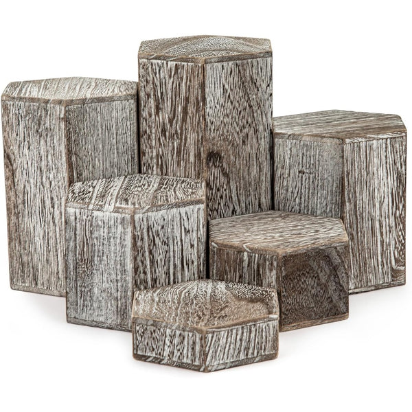 6-Pack Hexagon Display Risers in Vintage Brown – Tiered Display Stands for Shelves and Countertops – Display Plinths for Jewelry, Retail Crafts, Cupcakes, and Desserts