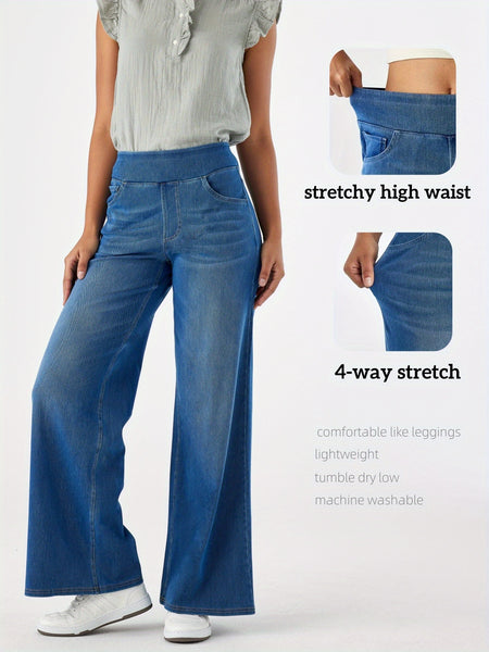 Women'S High-Waist Stretch Denim Wide-Leg Pants with Multiple Pockets, Distressed Vintage Casual Denim Long Pants