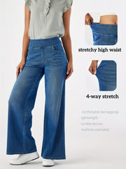 Women'S High-Waist Stretch Denim Wide-Leg Pants with Multiple Pockets, Distressed Vintage Casual Denim Long Pants