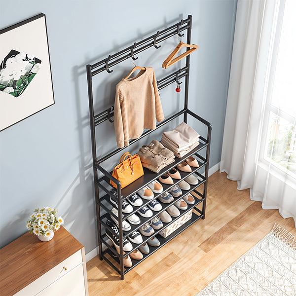 5 Tier Shelves Metal Coat Rack Stand with Shoe Storage Hallway Furniture With 8 Hooks Hanger, Freestanding Shoe and Coat Hat Stand with Non Woven Fabric Storage Shelf, Multi-Functional Metal Hall Tree for Coats, Hats & Shoes Living Room Bedroom
