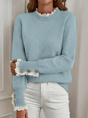 Ladies' Pullover with Lace Trim at The Cuffs And Neckline, a Casual And Elegant Sweater Top