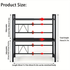3-Tier Expandable Microwave Oven Rack with 6 Hooks And 3 Towel Racks, Includes a Chopstick Holder, Cutting Board Holder, Spice Rack, And Kitchen Storage Rack. Suitable for Kitchens, Offices, And Storage Rooms. Extends 40-64 Cm (Black, White)