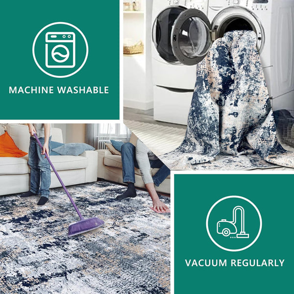 Capslpad Navy Blue Abstract Area Rug 200x300cm | Modern Short Pile Soft Faux Wool, Machine Washable, Non Slip, Minimalist Floor Mat for Living Room, Bedroom, Office, Kitchen Decor