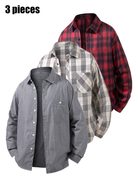 3pcs Set - Men'S Spring/Autumn Collared Checkered Shirt Youth Outdoor Casual Trendy Top Men'S Fashion Versatile Jacket