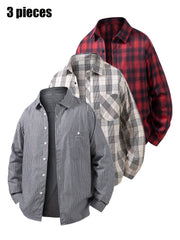 3pcs Set - Men'S Spring/Autumn Collared Checkered Shirt Youth Outdoor Casual Trendy Top Men'S Fashion Versatile Jacket