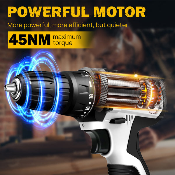 Cordless Drill Driver Power Combi Drill Kit Electric Screwdriver Set with 2-Speed, 18+1 Torque 3/8