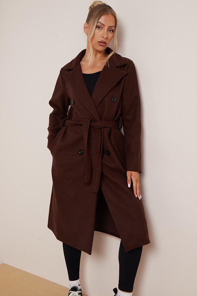 Women's Classy Solid Color Double Breasted Detachable Belted Pocket Pea Coat, Lapel Neck Long Sleeve Outerwear for Fall & Winter