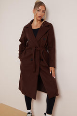 Women's Classy Solid Color Double Breasted Detachable Belted Pocket Pea Coat, Lapel Neck Long Sleeve Outerwear for Fall & Winter