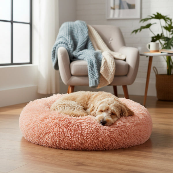 40/50/60/70cm Round Plush Donut Dog/Cat Bed Cuddler Pet Cushion Self-Warming Bed Washable Dog Bed with Non-Slip and Waterproof Bottom Calming Dog Bed