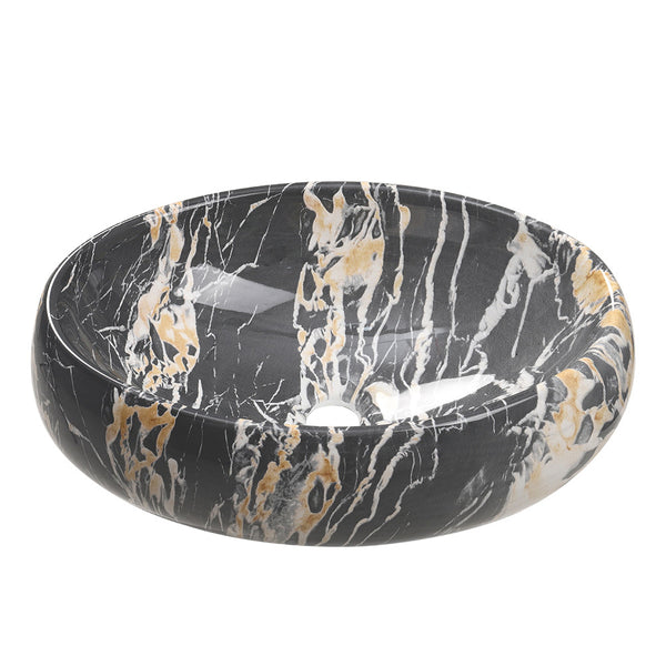 1pc Countertop Bathroom Sink, Black Marble Texture Oval Ceramic Wash Basin, Porcelain Ceramic Vessel Vanity Sink for Vanity Cabinet Cloakroom, Laundry Room, Bathroom, Washroom, 48x34x14cm