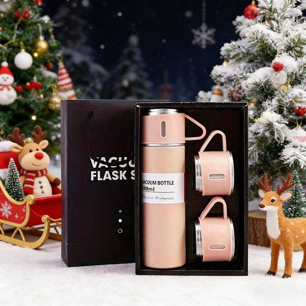 1 Set 500ml/16.9oz Stainless Steel Vacuum Insulated Bottle with 3 Cups Food-Contact Safe, Hot & Cold Insulation, Portable Leak-Proof Design – Perfect for Daily Use, Office, Travel & Ideal Gift for Her