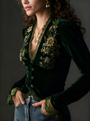 Directed Women'S Fashion New Elegant Floral Velvet Shirt Top, Long Sleeves, Lace Stitching, Slim Fit, Solid Color [Gavin]