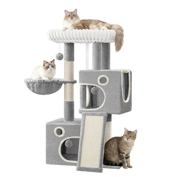 98cm Cat Tree, Cat Tower for Indoor Cats, Multi-Level Cats House Furniture with Scratching Post, 2 Caves, Large Platform, Scratching Ramp, Pompom, Light Grey