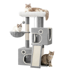 98cm Cat Tree, Cat Tower for Indoor Cats, Multi-Level Cats House Furniture with Scratching Post, 2 Caves, Large Platform, Scratching Ramp, Pompom, Light Grey
