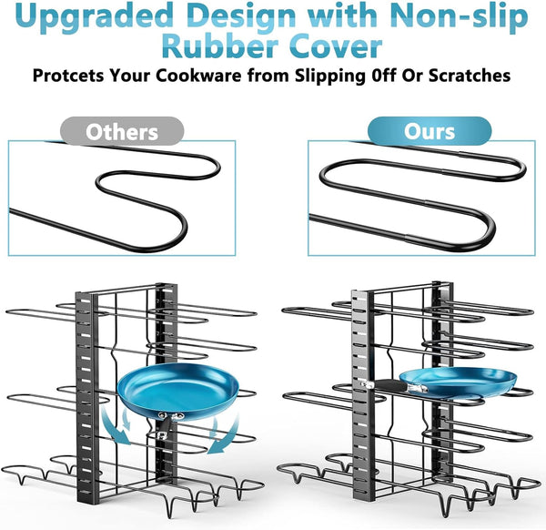 Pots and Pans Organizer, 8 Tier with 3 DIY Methods, Adjustable Rack for Cabinet, Kitchen Organization, Storage and for Pot Lid