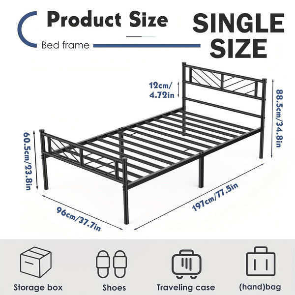 Chic Arrow-Patterned Metal Bed Frame with Under-Bed Storage - Easy Assembly, No Box Spring Needed - Black | Sizes: 91.44cm Single, 4ft6 Double, 152.4cm King, Slatted Bed Platform, Headboard, Oyajia