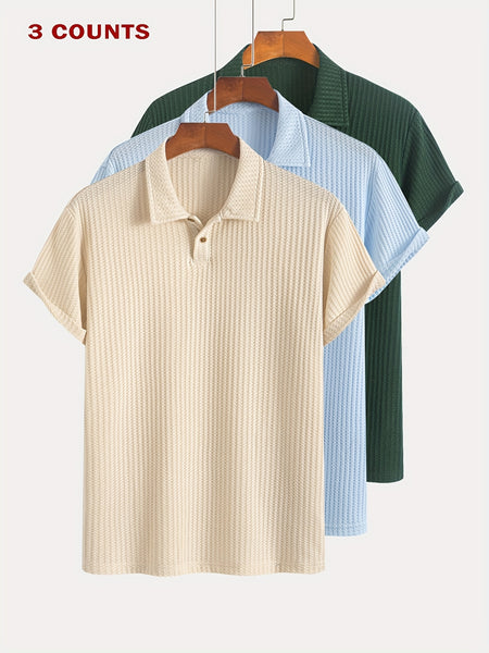 3pcs Set of Summer Casual Sporty Jacquard Knit Short-Sleeve Polo Shirts, 3pcs Jacquard Texture Short-Sleeve Polo Tops