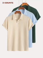 3pcs Set of Summer Casual Sporty Jacquard Knit Short-Sleeve Polo Shirts, 3pcs Jacquard Texture Short-Sleeve Polo Tops