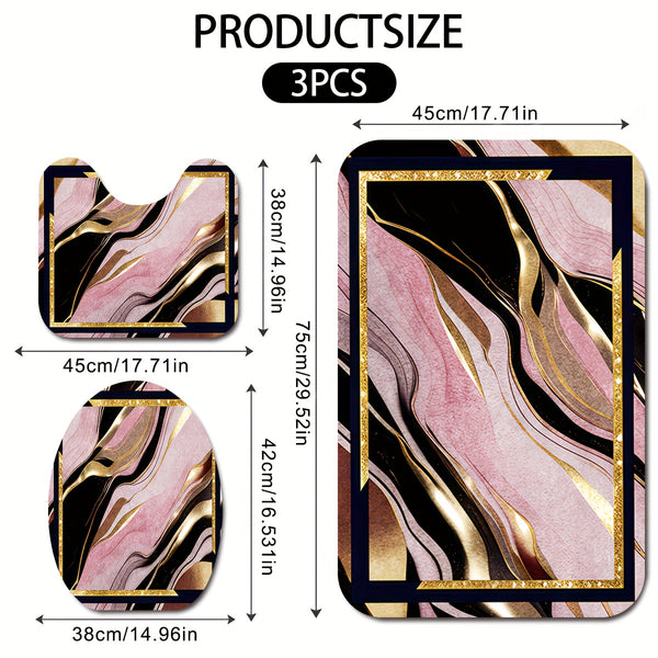 3/4pcs Luxury Pink Black Gilded Marble Bathroom Mats - Non-Slip Soft Flannel Floor Mat with Elegant Marble Pattern, Machine Washable Bath Mat Set for Modern Home Decor, Decorative Mat, Stylish Mat