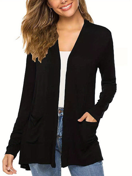 Women Simple Style Cardigan, Solid Color Long Sleeve Knitwear with Pockets, S/ M/ L/ XL/ XXL