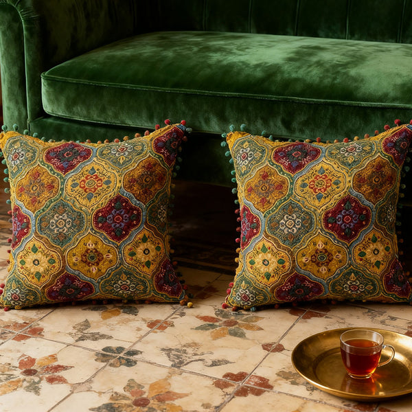 18x18 Inch Reversible Turkish Pattern Pillows (Set of 2 with Inserts) - Romantic Turkey Boho Floral Double Sided Design, Premium Polyester Cover & Fill, Decorative Accent Pillows for Sofa, Chair, Bedroom