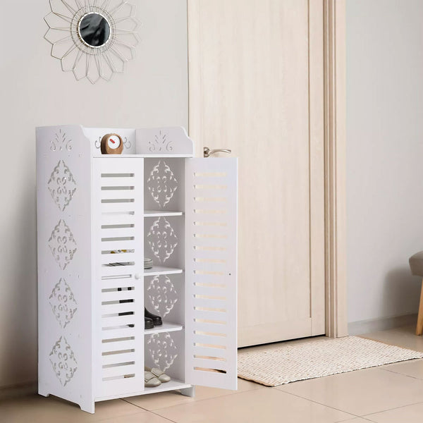 4-Tier White Modern Storage Cabinet with Double Doors - Heavy-Duty MDF/MDF-like Softwood, Shoe & Bookshelf Organizer, -Standing Furniture for Living Room, Bedroom - Space-Saving Vertical Cabinet (No Metal Parts