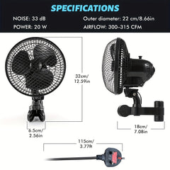 Plant Tent Clip-On Fan, Featuring a Newly Designed Long-Life EC Motor, Dual-Speed Adjustable Fan, 90° Rotation, 22Cm Diameter, Ideal for Hydroponic Systems And Circulation Cooling in Grow Rooms