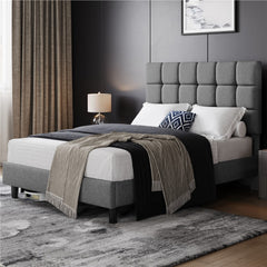 Costoffs Upholstered Bed Frame, Fabric Bed Frame with Fabric Headboard, Modern Platform Bed Frame with Strong Wooden Slats, Support and Square Tufted Headboard Height Adjustable, Double/King, Dark Gray/Light Gray/Beige