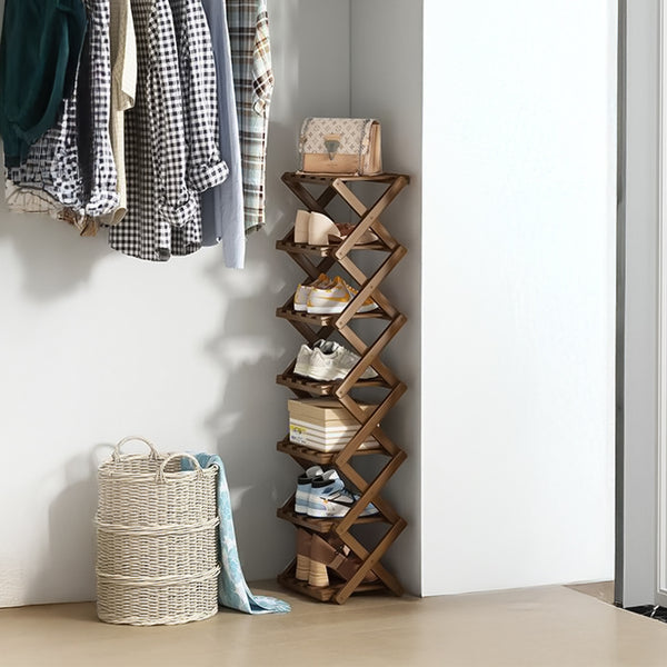 4/5/6/7 Tiers Bamboo Wooden Shoe Rack, Vertical Shoe Racks Storage Shelves Tall Shoe Tower, Collapsible Narrow Shoe Stand, Installation Free Folding X-Shape Shoe Racks Sneakers Slippers Holder Organizer, Multi Functional Shoe Rack Durable Footwear Cabinet