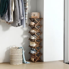 4/5/6/7 Tiers Bamboo Wooden Shoe Rack, Vertical Shoe Racks Storage Shelves Tall Shoe Tower, Collapsible Narrow Shoe Stand, Installation Free Folding X-Shape Shoe Racks Sneakers Slippers Holder Organizer, Multi Functional Shoe Rack Durable Footwear Cabinet