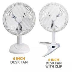6 Inch Clip on Fan - 2 in 1 design with 2 Speeds, Mains Powered, Silent Desktop Fan with Strong Airflow - Mini Plug in Silent Desk Fan, Ideal Electric Air Circulator for Bed, Cot & Desk top