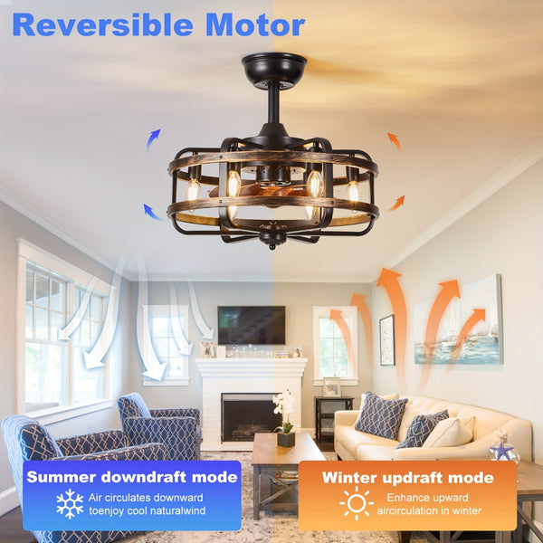 Farmhouse Ceiling Fans with Lights, 3 Speeds Flush Mount Rustic Caged Ceiling Fan Light, Timing, Quiet Reversible Motor, E14*6 Base Industrial Fandelier Ceiling Fans for Indoor Bedroom, Kitchen