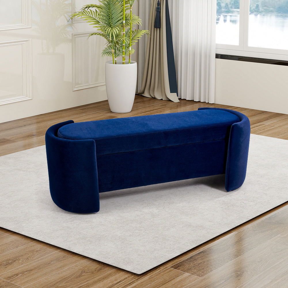 1pc, Blue Velvet Upholstered Storage Bench, Ottoman Storage Box with Seating, Modern Upholstered End of Bed Stool Chair Bench for Bedroom Entryway, Living Room Decor