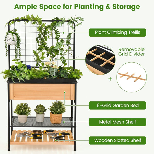 Raised Garden Bed with Trellis and 2-Tier Storage Shelves