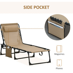 Portable Sun Lounger, Folding Camping Bed with Side Pocket and Pillow for Patio
