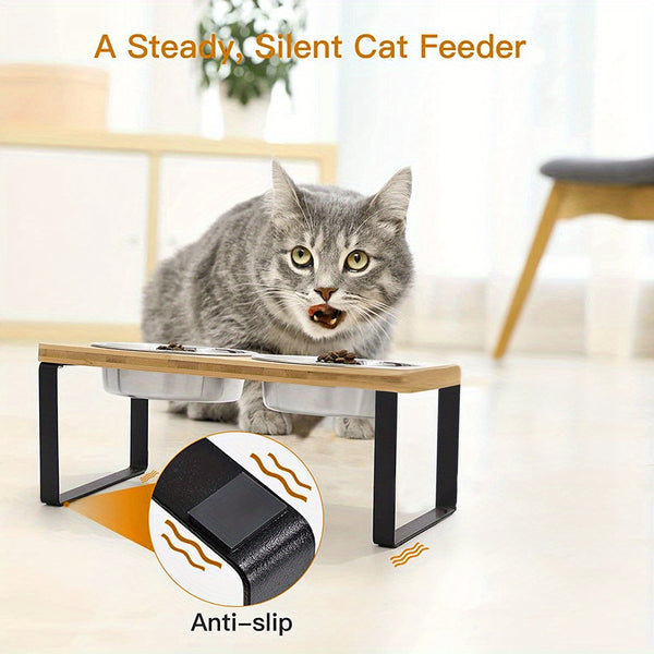 Raised Cat Food Bowl Elevated Pet Feeder With 2 Stainless Steel Bowls, 15°Tilted Stand Indoor Cats Double Dishes Feeding Station, 33*16*12cm