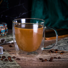 Vinsani Double Walled Coffee Drink Glasses Tea Cup Mug Heat Cold Resistant Aesthetic Clear Borosilicate Glass with Handle Cappuccino Latte Tea Dessert Hot and Cold Drinks