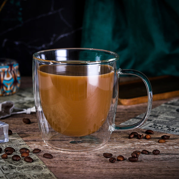 Vinsani Double Walled Coffee Drink Glasses Tea Cup Mug Heat Cold Resistant Aesthetic Clear Borosilicate Glass with Handle Cappuccino Latte Tea Dessert Hot and Cold Drinks
