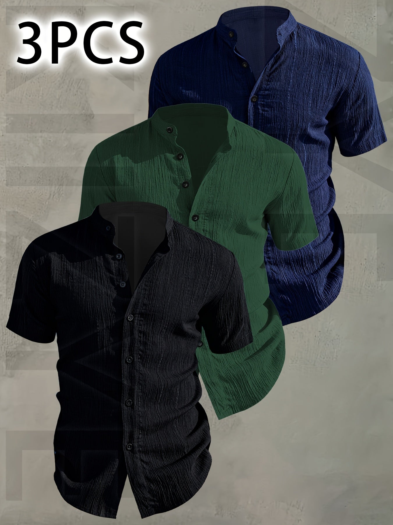 [Pearson OBM] 3pcs Men'S Summer Short Sleeve Shirt - Lightweight Breathable Solid Color Button-Up Casual Shirt with Stand Collar, Machine Washable for Beach Vacation, Pool Party And Casual Attire, Beach Shirt, Perfect for Gifting