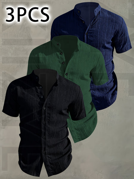 [Pearson OBM] 3pcs Men'S Summer Short Sleeve Shirt - Lightweight Breathable Solid Color Button-Up Casual Shirt with Stand Collar, Machine Washable for Beach Vacation, Pool Party And Casual Attire, Beach Shirt, Perfect for Gifting