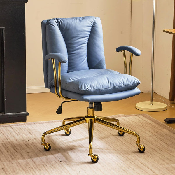 Office Chair Desk Chair with Wheels & Removable Armrests Gold Base Vanity Chair with Back Adjustable Rolling Swivel Computer Task Chair PU Leather