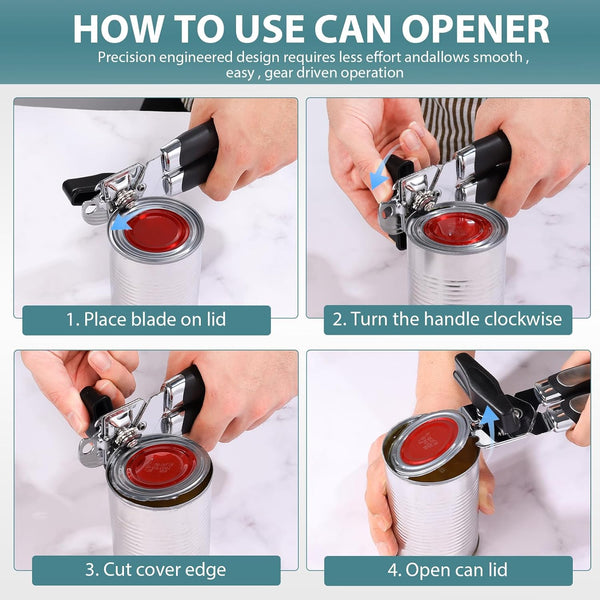 Tin Opener, Lychico 3-In-1Can Opener Handheld Heavy Duty Stainless Steel Can Openers with Multifunctional Bottle Opener, Black