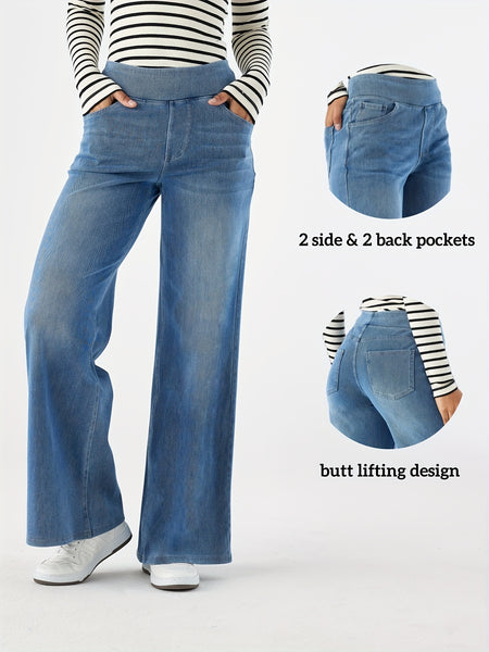 Women'S High-Waist Stretch Denim Wide-Leg Pants with Multiple Pockets, Distressed Vintage Casual Denim Long Pants