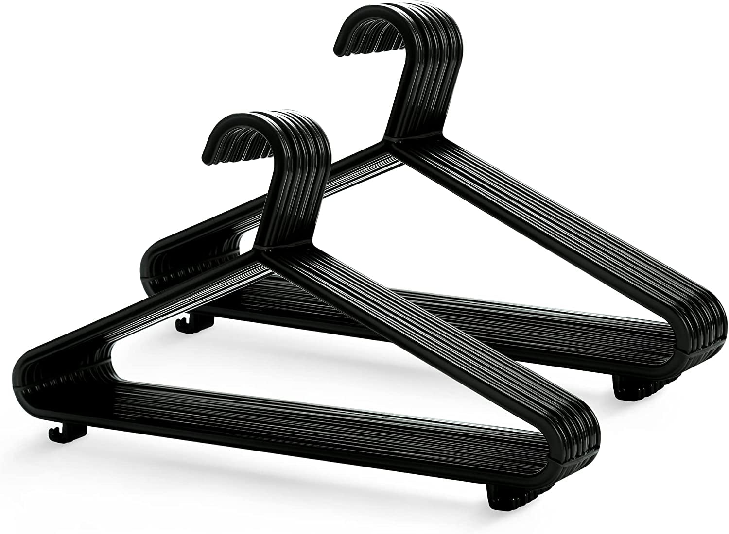 KEPLIN Adult Plastic Coat Hangers - 25Pk, Black Colour, Strong Clothes Hangers for Clothes Rail & Closet, Clothing Hanger with Suit Pants Trouser Bar and Clips, Space Saving, 37.5 Cm Wide