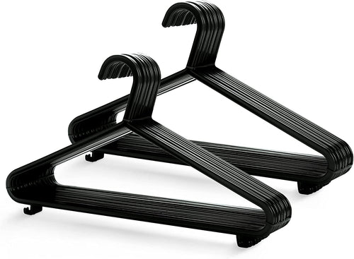 KEPLIN Adult Plastic Coat Hangers - 25Pk, Black Colour, Strong Clothes Hangers for Clothes Rail & Closet, Clothing Hanger with Suit Pants Trouser Bar and Clips, Space Saving, 37.5 Cm Wide