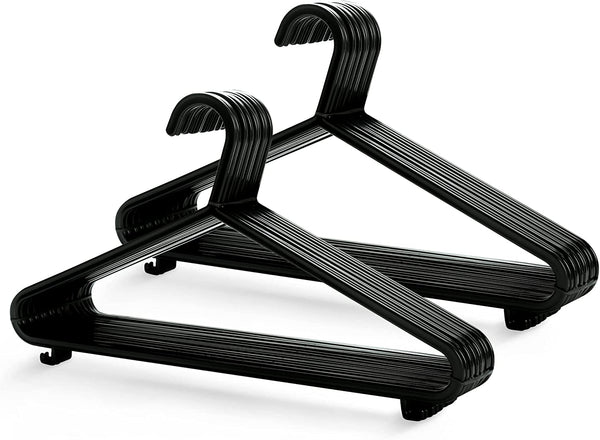 KEPLIN Adult Plastic Coat Hangers - 25Pk, Black Colour, Strong Clothes Hangers for Clothes Rail & Closet, Clothing Hanger with Suit Pants Trouser Bar and Clips, Space Saving, 37.5 Cm Wide
